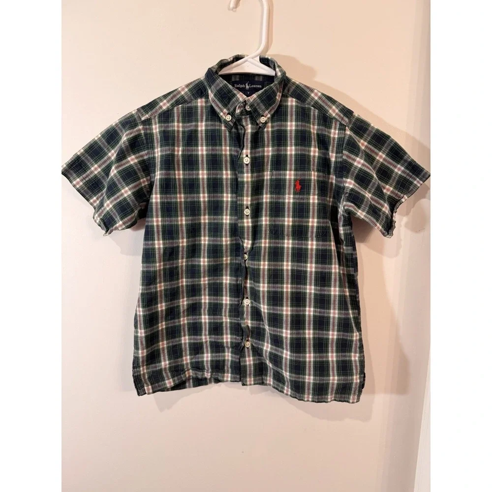 Ralph Lauren Boys Size 7 Short Sleeve Button Up Shirt Blue Green Plaid